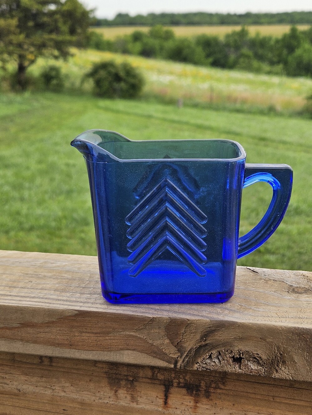 VTG Hazel Atlas Cobalt Blue Depression Glass Chevron Creamer Art Deco Pitcher